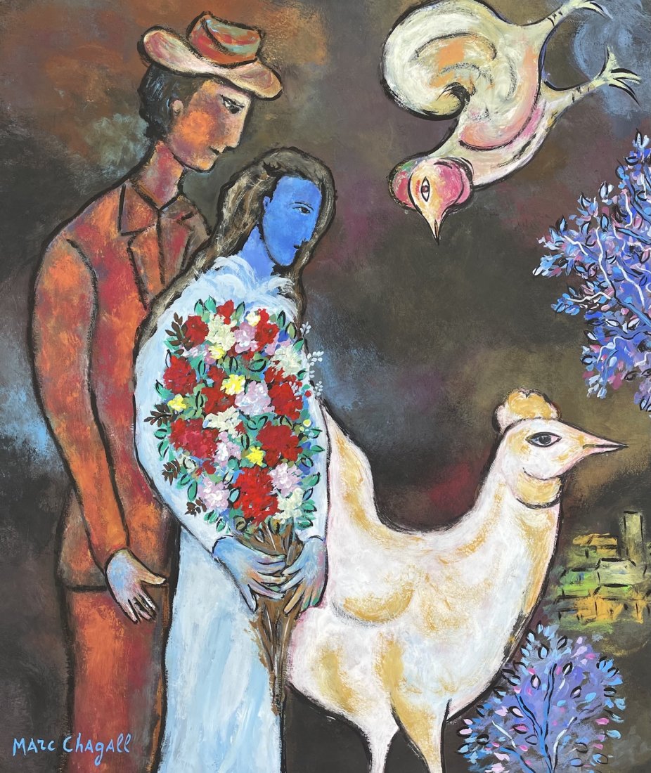 Marc Chagall (Gouache on Paper ) In the Style of: Marc Chagall appears in lower left. Technique: Gouache on paper painting. Measures: 14 1/4 x 11 1/4 inches. Provenance: Private collection. A certificate Accompanies this Piece. Biography: Lived betwe