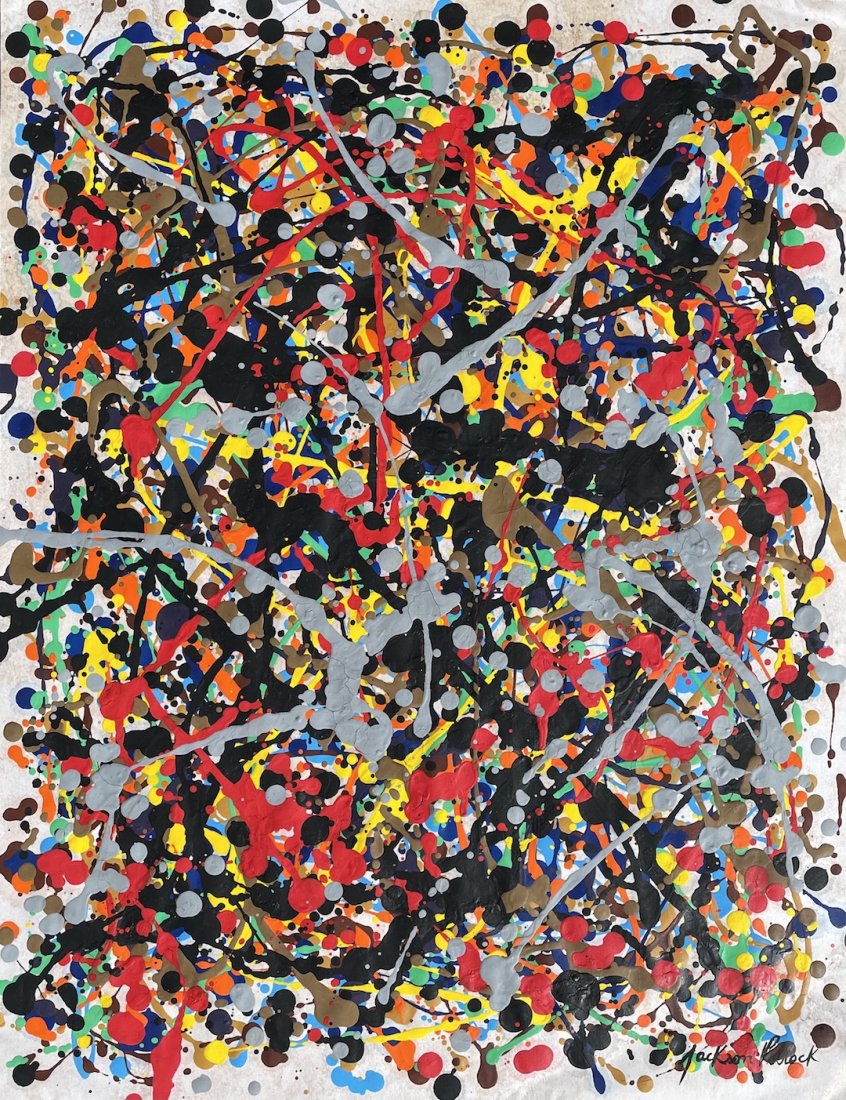 Jackson Pollock (Gouache on Paper) in the Style of: Jackson Pollock appears in lower right. Technique: gouache on paper painting. Measures: 18 x 14 Inches. Provenance: Private collection. A Certificate Accompanies this Lot.Lived Between (January 28, 19