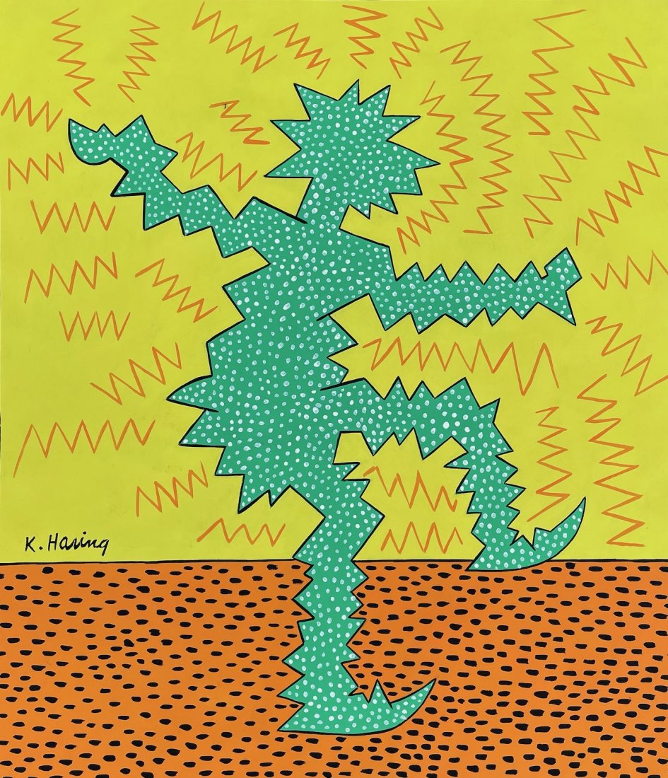 Keith Haring (Gouache on Paper ) in the style of: K.Haring appears in lower left. Technique: Gouache on paper painting. Measures: 14 x 12 1/4 Inches. Provenance: Private collection. A Certificate Accompanies this Lot. Lived Between (May 4, 1958 – F