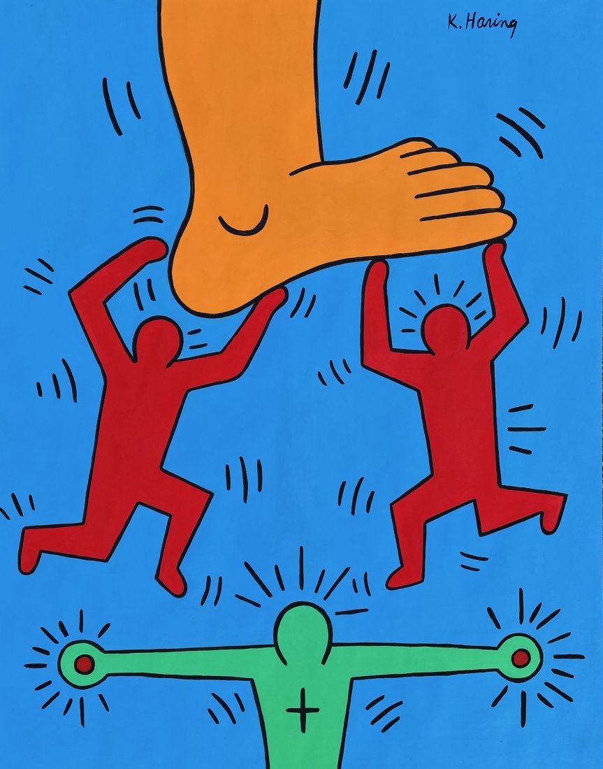 Keith Haring (Gouache on Paper ) in the style of: K.Haring appears in upper right. Technique: Gouache on paper painting. Measures: 16 x 12 1/2 Inches. Provenance: Private collection. A Certificate Accompanies this Lot. Lived Between (May 4, 1958 –