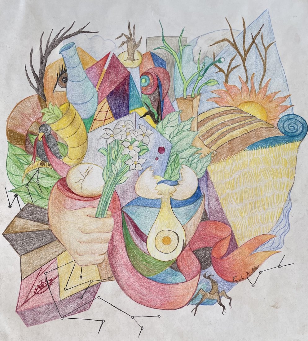 Frida Kahlo (Watercolor on paper) In the Style of: Frida Kahlo Appears lower right. Technique: watercolor on paper painting. Measures: 16 x 14.5 Inches. Provenance: Private Collection Mexico City. A certificate accompanied this lot. Lived Between (6 J