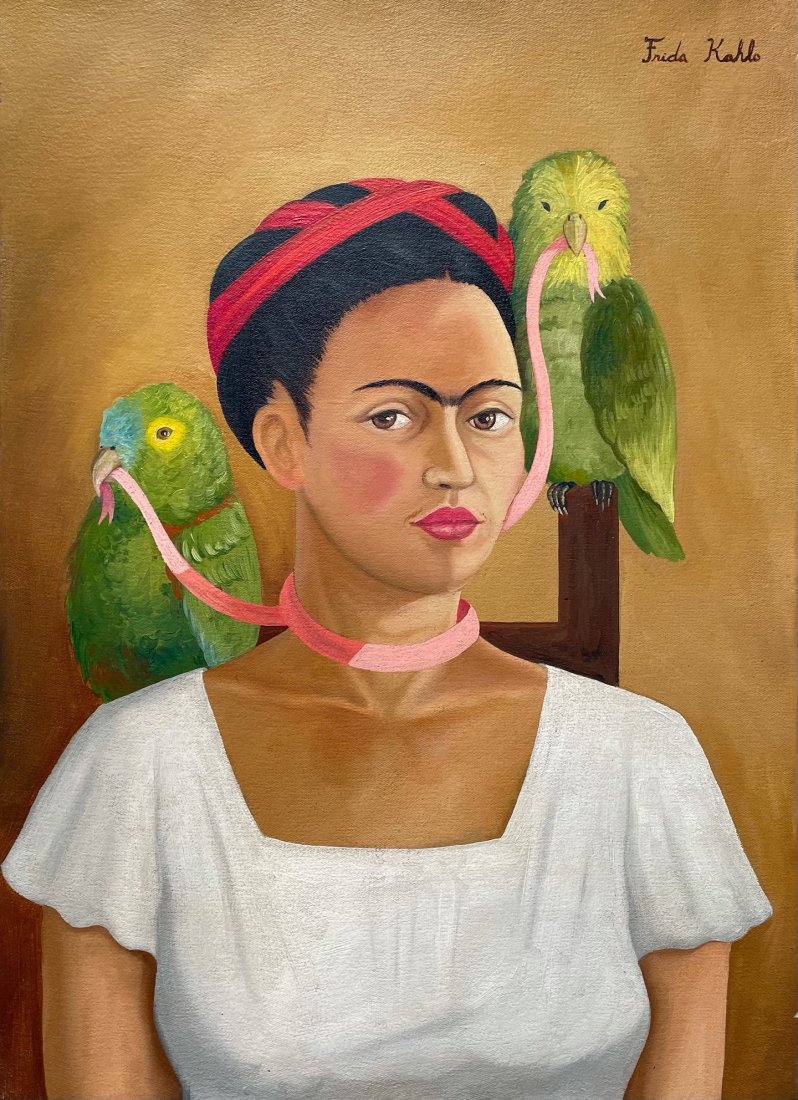 Frida Kahlo (Oil on Canvas) In the Style of: Frida Kahlo Appears upper right. Technique: Oil on canvas Painting. Measures: 18 x 13 Inches. Provenance: Private Collection Mexico City. A certificate accompanied this lot. Lived Between (6 July 1907