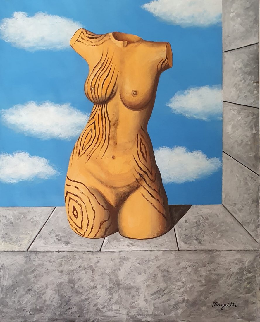 Rene Magritte (Gouache on Paper) in the style of: Magritte appears lower right. Technique: Gouache on paper painting. Measures: 17 1/2 x 13 5/8 inches. Provenance: Private collection. A certificate Accompanies this Piece.Biography: Lived between (21 