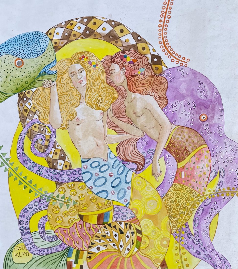 Gustav Klimt (Watercolor on Paper) In the Style of: Gustav Klimt appears in lower left. Technique: Watercolor on paper Painting. Dimensions: 16 x 14 Inches. Provenance: Private Collection. A Certificate Accompanies this lot. Lived Between (July 14, 186