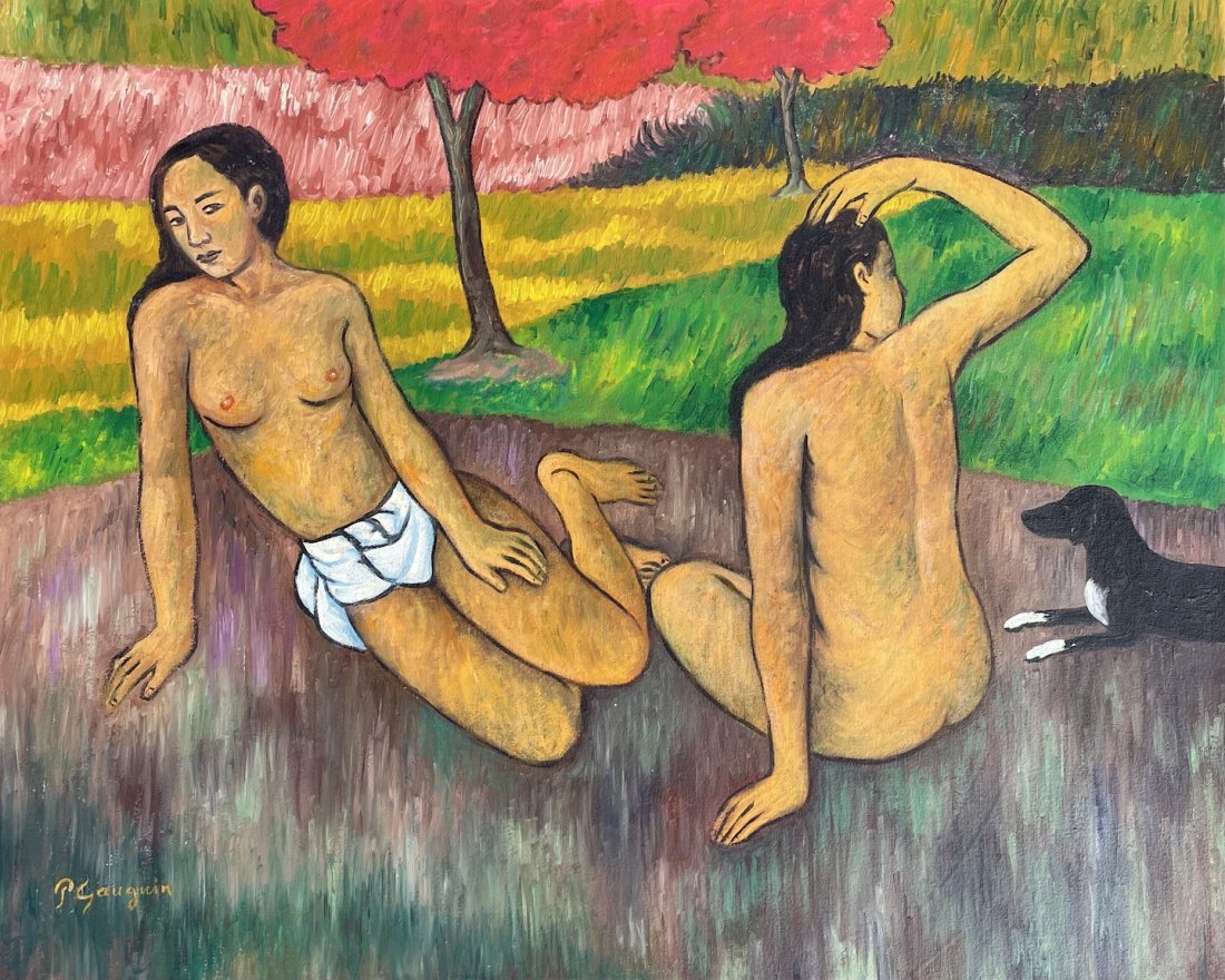 Paul Gauguin (Oil on Canvas) in the style of: P. Gauguin appears lower left. Technique: Oil on canvas. Measures: 15 x 11.5 inches. Provenance: Private collection .A Certificate Accompanies this Piece. Biography: (7 June 1848 – 8 May 1903) was a