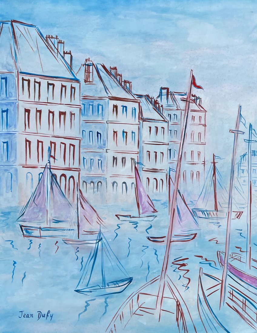 Jean Dufy (Watercolor on Paper) In the style of: Jean Dufy appears lower left . Technique: Watercolor on paper. Measures: 16 x 12 1/4 Inches. Provenance: Private Collection. A certificate of authenticity accompanies this pieces. Lived Between (March