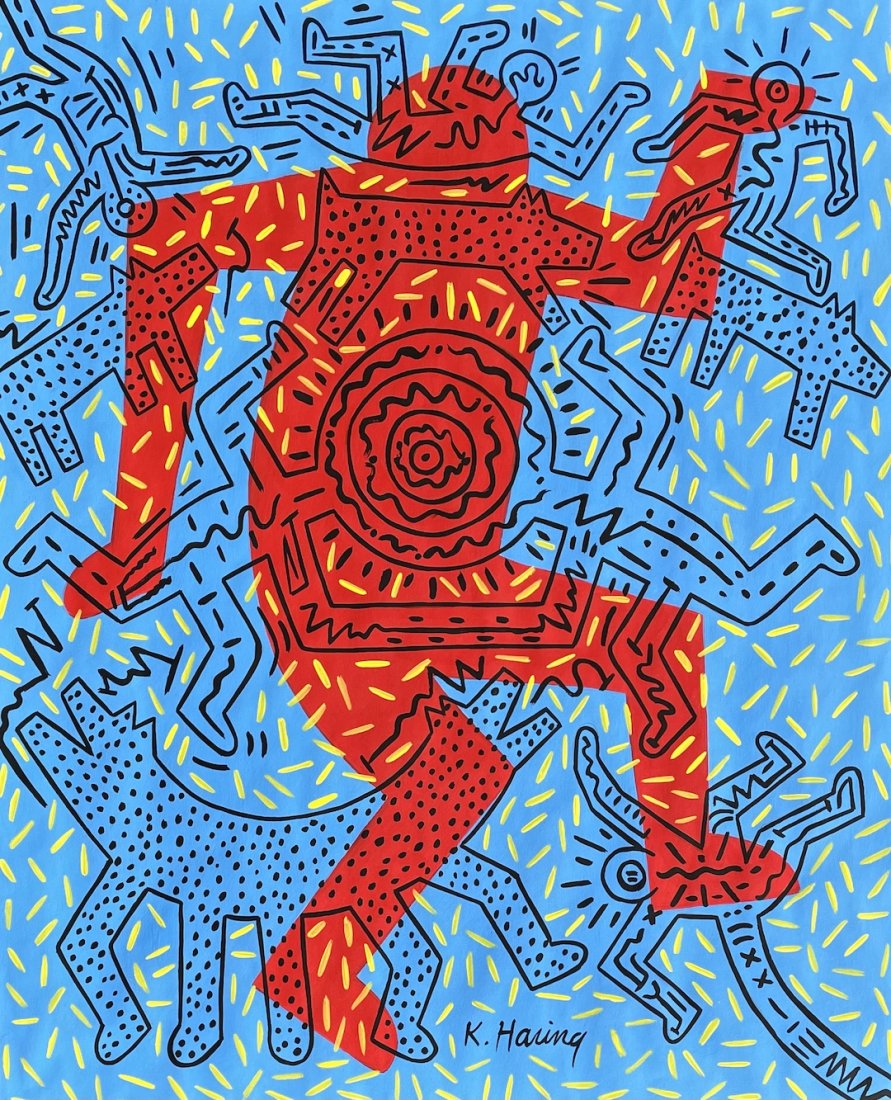Keith Haring (Gouache on Paper) in the style of: K.Haring appears in lower right. Technique: Gouache on paper painting. Measures: 16 1/4 x 13 1/4 Inches. Provenance: Private collection. A Certificate Accompanies this Lot. Lived Between (May 4, 1958