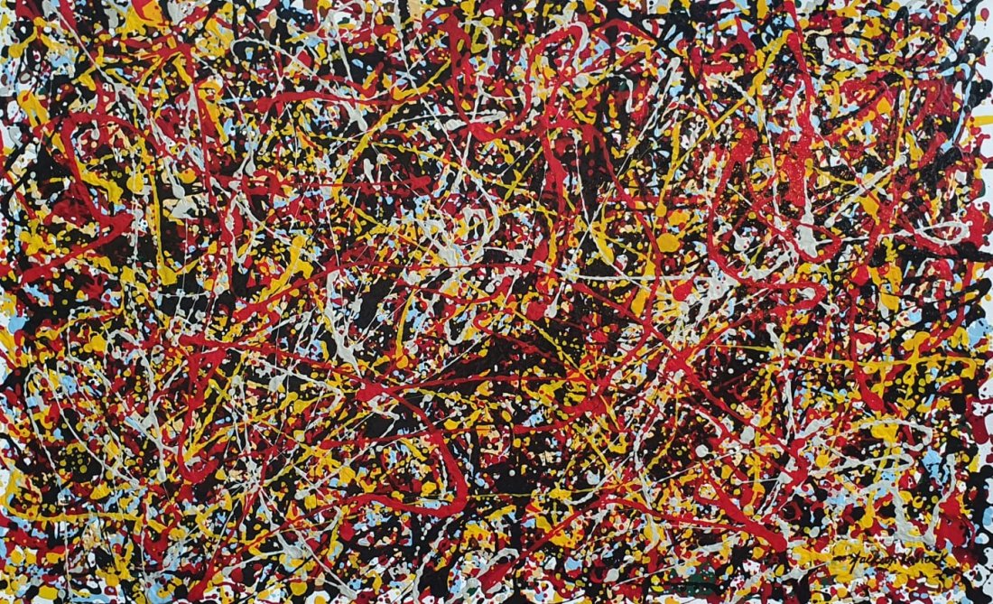 Jackson Pollock (Oil on Canvas): Rendered in the abstract expressionism style of Jackson Pollock . Technique:Oil on canvas. Measures: 22 x 35 Inches. Provenance: Private collection. Lived Between (January 28, 1912 – August 11, 1956