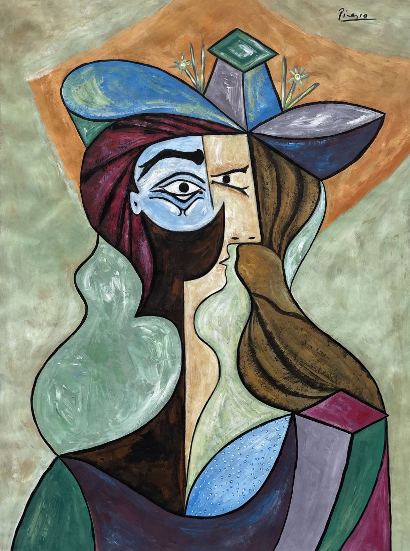 Pablo Picasso (Gouache on Paper): Rendered in the cubism style of Pablo Picasso. Technique:Gouache on paper. Measures: 17 x 13 Inches. Provenance: Private Collection. Lived Between (25 October 1881 – 8 April 1973) was a Spanish pain