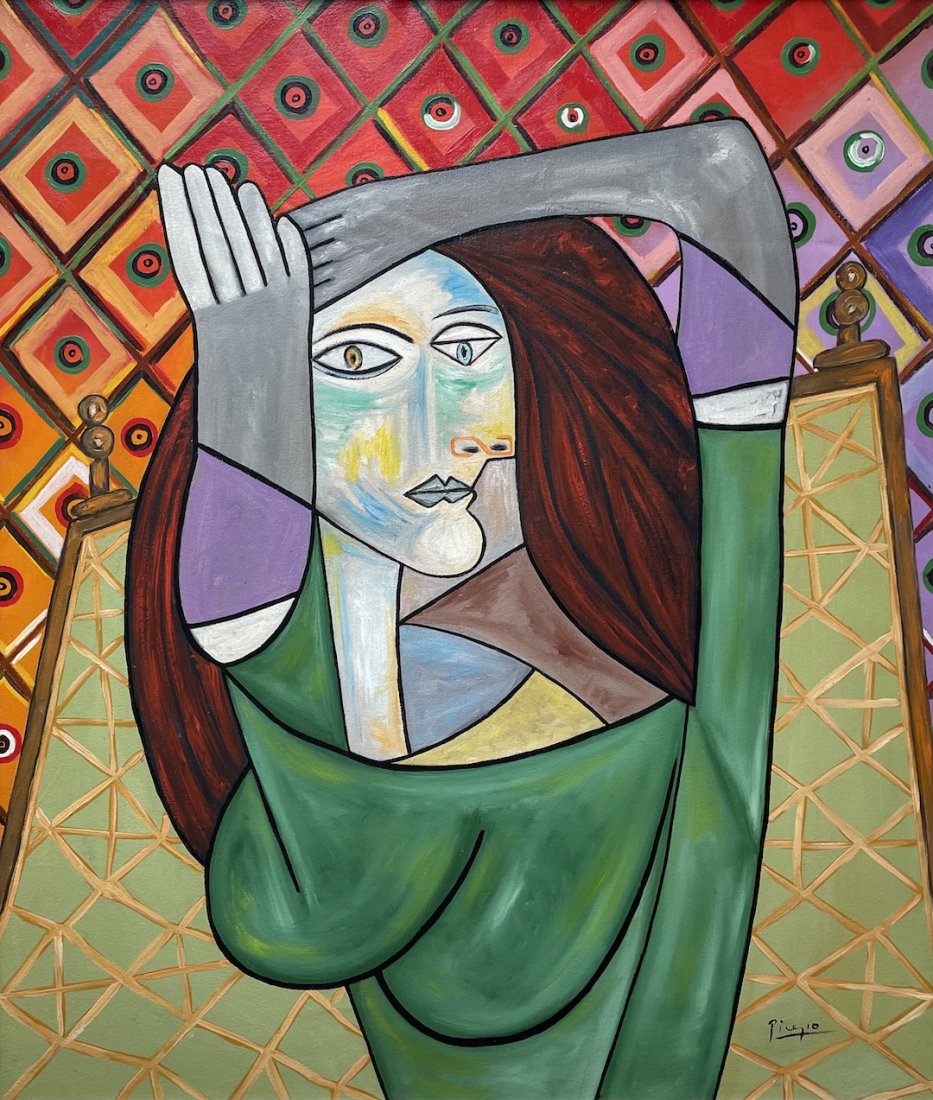 Pablo Picasso (Oil on Canvas): Rendered in the cubism style of Pablo Picasso. Technique: Oil on canvas. Measures: 26 x 22 Inches. Provenance: Private Collection. Lived Between (25 October 1881 – 8 April 1973) was a Spanish painte