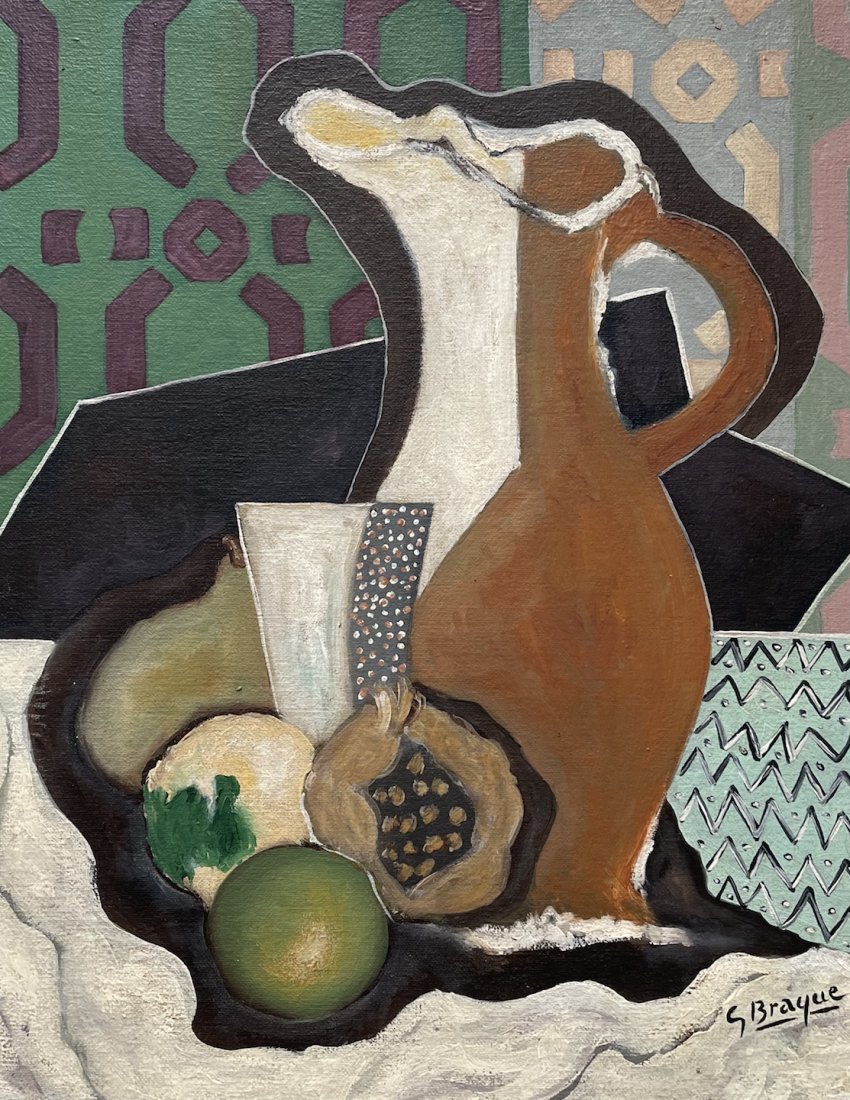 Georges Braque (Oil on Canvas): Rendered in the cubism style of Georges Braque. Technique: Oil on canvas. Measures: 14 x 11 Inches. Provenance: Private Collection. Lived Between (13 May 1882 – 31 August 1963 was a major 20th-centu
