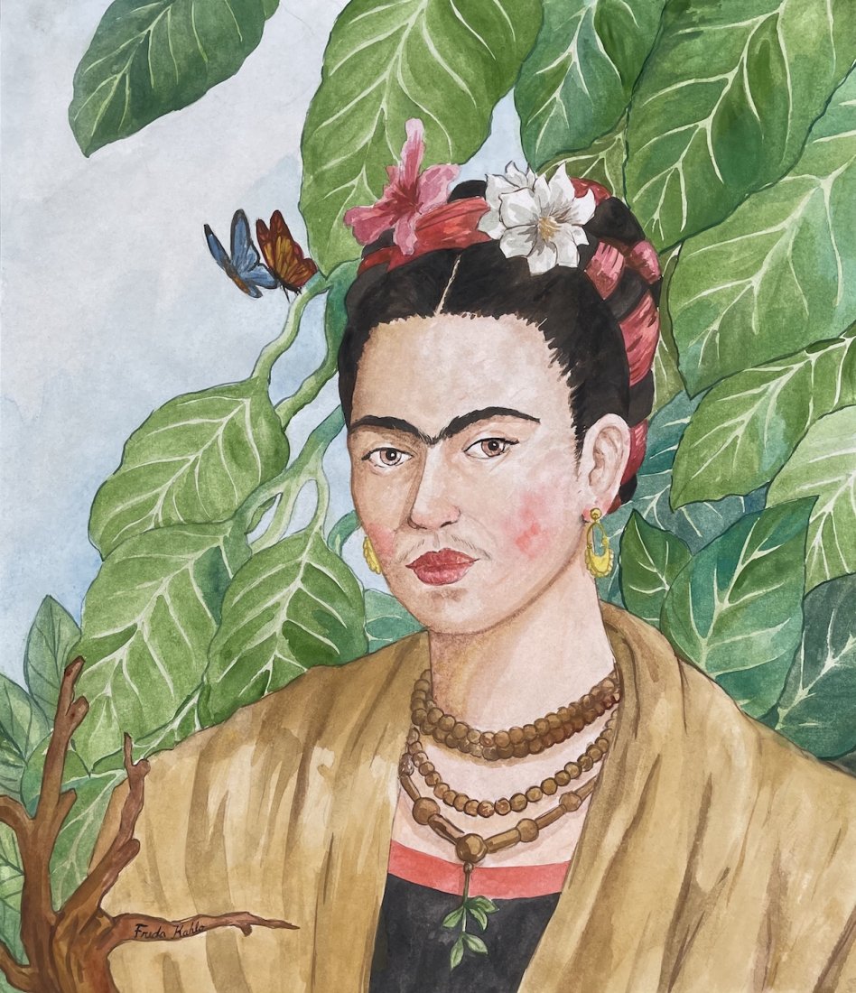 Frida Kahlo (Watercolor on Paper): Rendered in the style of Frida Kahlo. Technique: Watercolor on paper. Measures: 16 x 13 Inches. Provenance: Private Collection. Lived between (6 July 1907 – 13 July 1954) was a Mexican painter known