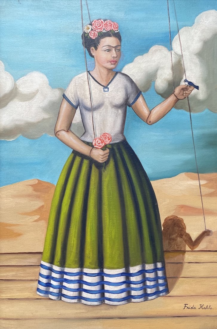 Frida Kahlo (Oil on Canvas): Rendered in the style of Frida Kahlo. Technique: Oil on canvas. Measures: 24 x 16 Inches. Provenance: Private Collection. Lived between (6 July 1907 – 13 July 1954) was a Mexican painter known for h
