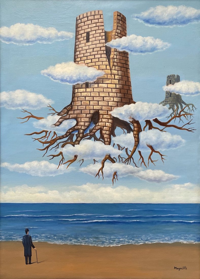 Rene Magritte (Oil on Canvas): Rendered in the surrealist Style of Rene Magritte. Technique: Oil on canvas painting. Measures: 30 x 22 Inches. Provenance: Private collection. Lived Between (21 November 1898 Â– 15 August 1967) wa