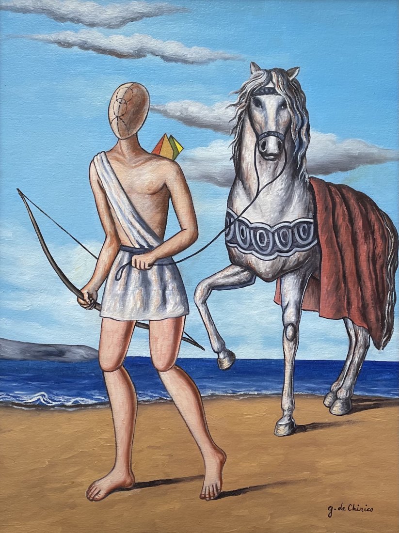Giorgio de Chirico (Oil on canvas): Rendered in the Style of Giorgio de Chirico. Technique: Oil on canvas painting. Measures: 18 x 13 1/2 Inches. Provenance: Private collection. Lived Between (10 July 1888 – 20 November 1978) was an I
