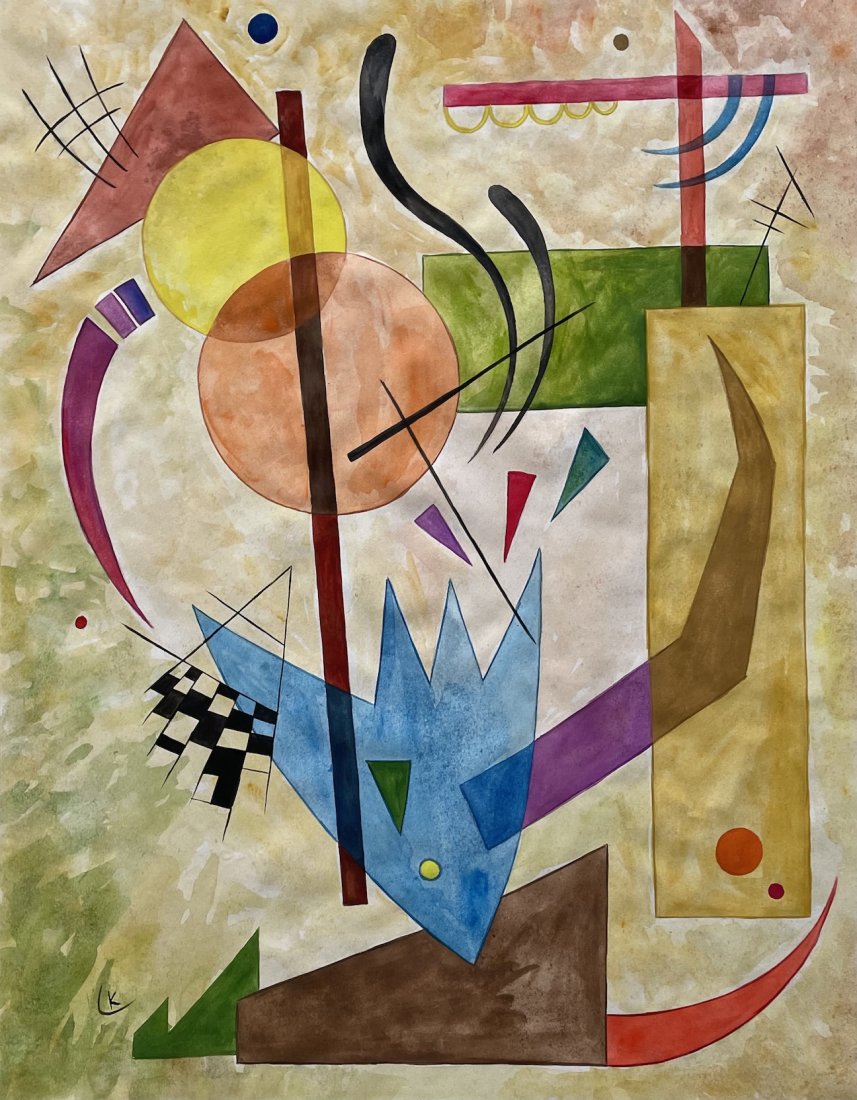Wassily Kandinsky (Watercolor on Paper): Rendered in the Style of Wassily Kandinsky . Technique: Watercolor on paper painting. Measures 16 x 12 1/2 Inches. Provenance: Private collection. Lived Between (4 December] 1866 – 13 December 1944)