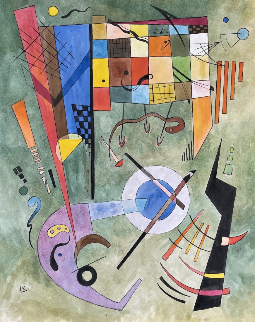 Wassily Kandinsky (Watercolor on Paper): Rendered in the Style of Wassily Kandinsky . Technique: Watercolor on paper painting. Measures 16 x 12 3/4Inches. Provenance: Private collection. Lived Between (4 December] 1866 – 13 December 1944) 