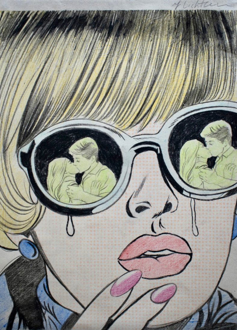 Roy Lichtenstein (Color Pencil on Paper): Rendered in the style of Roy Lichtenstein . Technique: Color Pencil on Paper painting. Measures: 16 1/2 x 12 Inches. Provenance: Private collection. Live between:(October 27, 1923 – September 29, 19