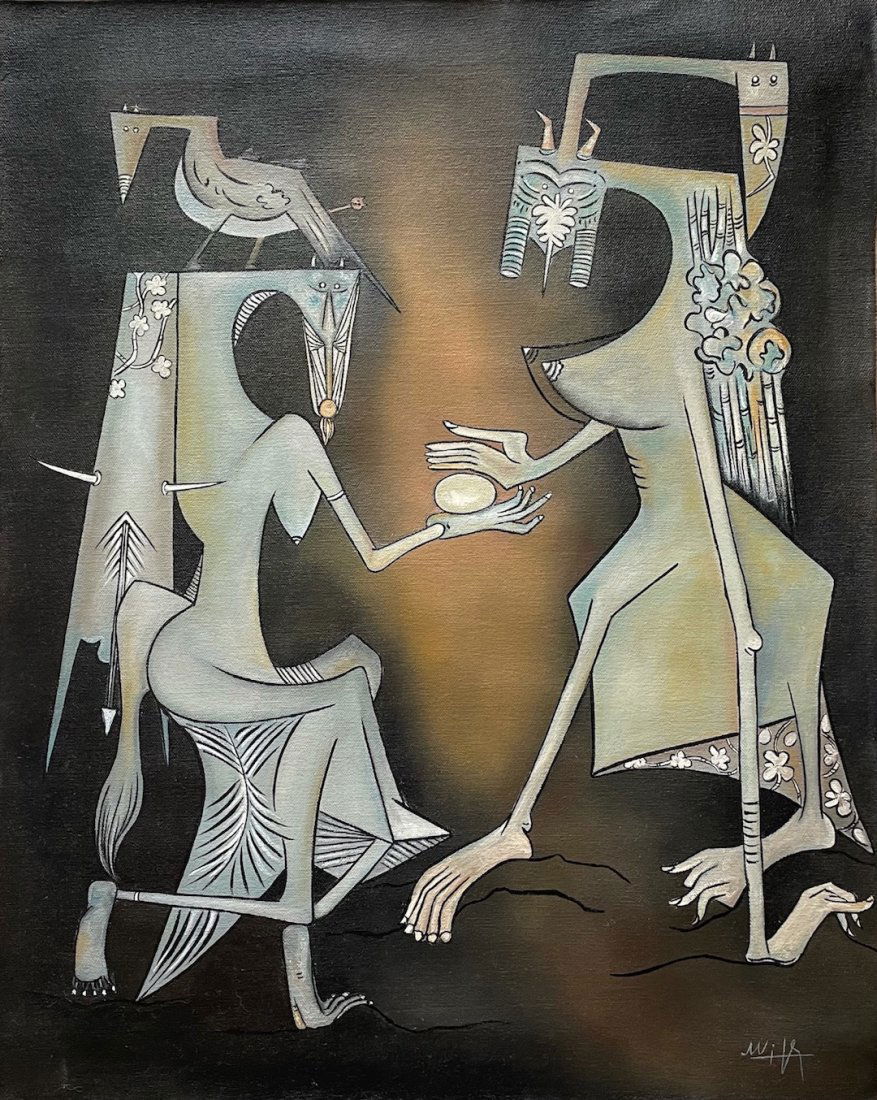 Wifredo Lam (Oil on Canvas): Rendered in the style of Wifredo Lam. Technique: Oil on canvas painting. Measures: 16 1/4 x 14 1/4 inches. Provenance: Private collection. A Certificate Accompanies this Piece.Lived between (December