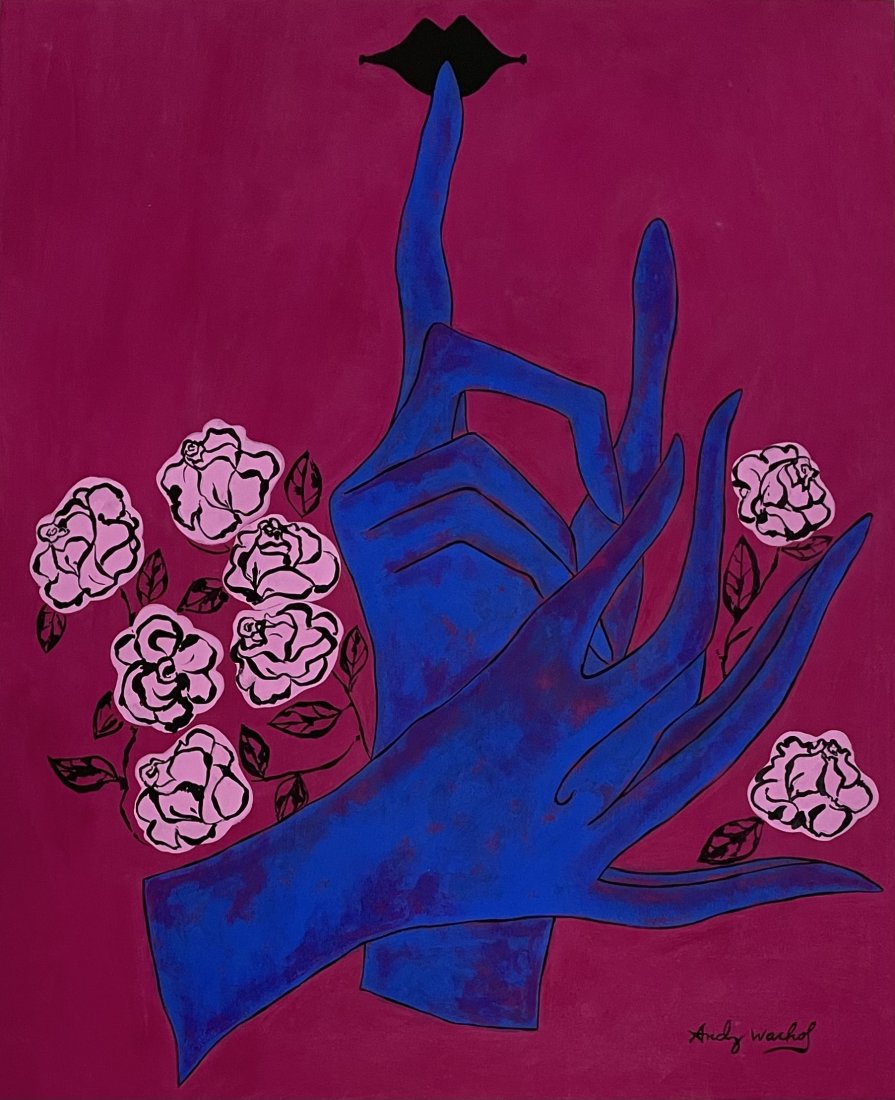 Andy Warhol (Gouache on paper): Andy Warhol appears lower right. Rendered in the pop art style of Andy Warhol. Technique: gouache on paper painting. Measures: 17 x 14 inches. Provenance: Private Collection. Lived Between (August 6, 