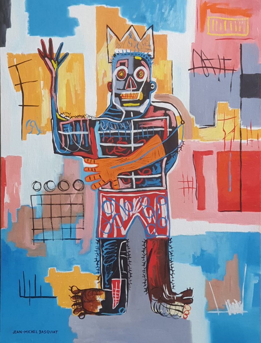 Jean Michel Basquiat (Acrylic on Canvas): Jean Michel Basquiat appears lower right. Rendered in the Style of Jean Michel Basquiat. Technique: Acrylic on Canvas painting. Measures: 28 x 21 inches. Provenance: Private collection. Lived Between 