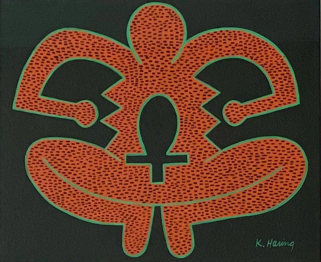 Keith Haring (Gouache on Paper ): K. Haring. Rendered in the Style of Keith Haring . Technique: Gouache on paper painting. Measures 12 1/2 x 15 Inches. Provenance: Private collection. Lived Between (May 4, 1958 – February 16, 1990) 