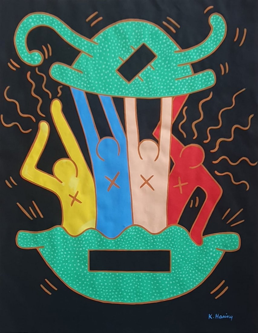 Keith Haring (Gouache on Paper ): K. Haring appears lower right. Rendered in the Style of Keith Haring . Technique: Gouache on paper painting. Measures 17 1/2 x 13 Inches. Provenance: Private collection. Lived Between (May 4, 1958 –