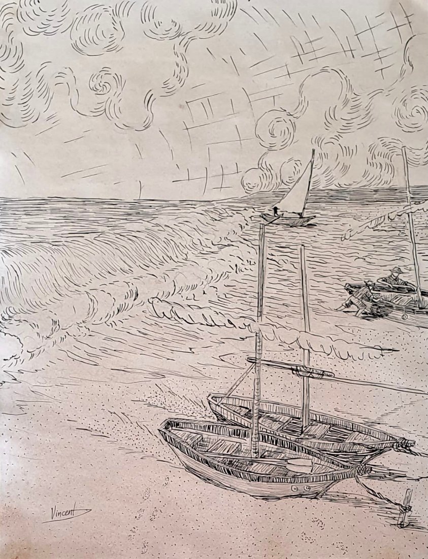 Vincent van Gogh (Ink on paper): Vincent appears lower left. Rendered in the style of Vincent van Gogh. Technique: Ink on paper painting. Measures: 11.5 x 8 3/4 Inches. Provenance: Private collection. Live between:(30 March 1853 – 