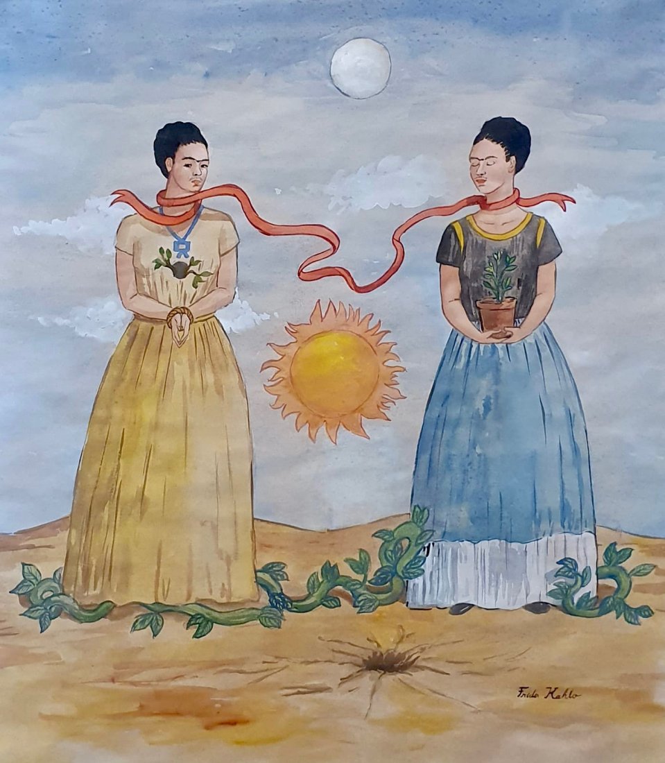 Frida Kahlo (Watercolor on paper): Frida Kahlo appears lower right. Rendered in the style of Frida Kahlo. Technique: Watercolor on paper. Measures: 18 x 13 3/4 Inches. Provenance: Private Collection. Lived between (6 July 1907 – 13 J