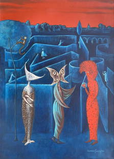 Leonora Carrington (Oil on Canvas): Leonora Carrington appears lower right. Rendered in the style of Leonora Carrington. Technique:Oil on Canvas. Measures: 29 x 21 Inches. Provenance: Private Collection. Was a British-born Mexican artis