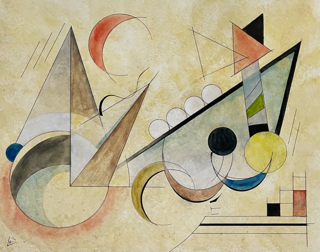 Wassily Kandinsky (Watercolor on Paper): Kandinsky appears lower left. Rendered in the Style of Wassily Kandinsky . Technique: Watercolor on paper painting. Measures 12 x 15 Inches. Provenance: Private collection. Lived Between (4 December] 