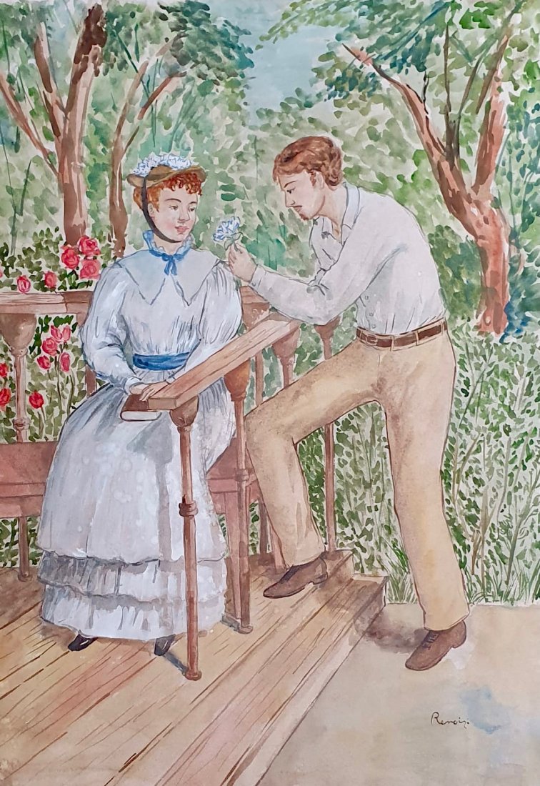 Pierre Auguste Renoir (Watercolor on Paper): Renoir appears lower right. Rendered in the Style of Pierre Auguste Renoir. Technique: Watercolor on paper painting. Measures 17 x 12 Inches. Provenance: Private collection. Lived Between (February 25