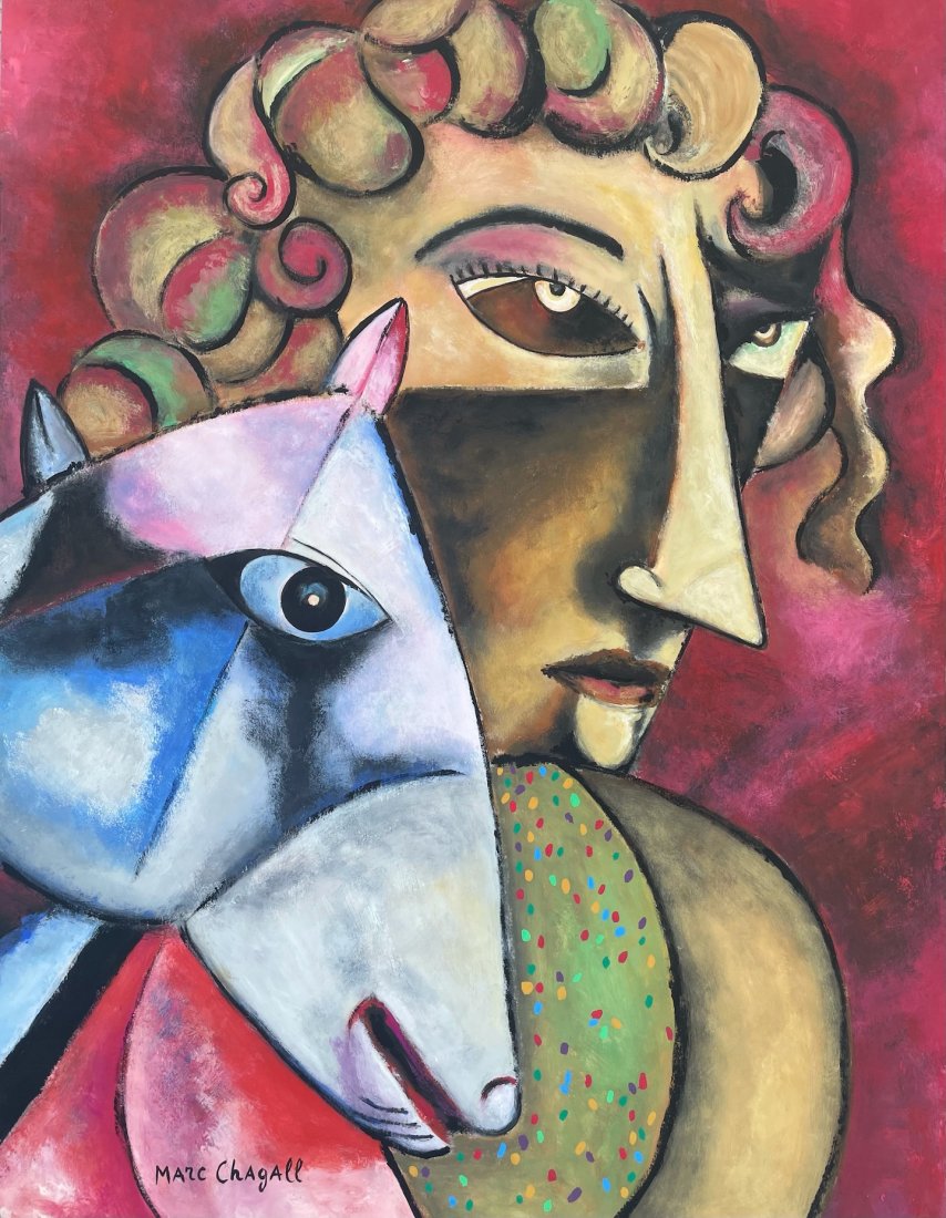 Marc Chagall (Gouache on Paper): Chagall appears in lower left. Rendered in the cubist style of Marc Chagall .Technique: Gouache on paper painting. Measures: 16 x 12.5 Inches. Provenance: Private Collection. Lived between (6 July [O.