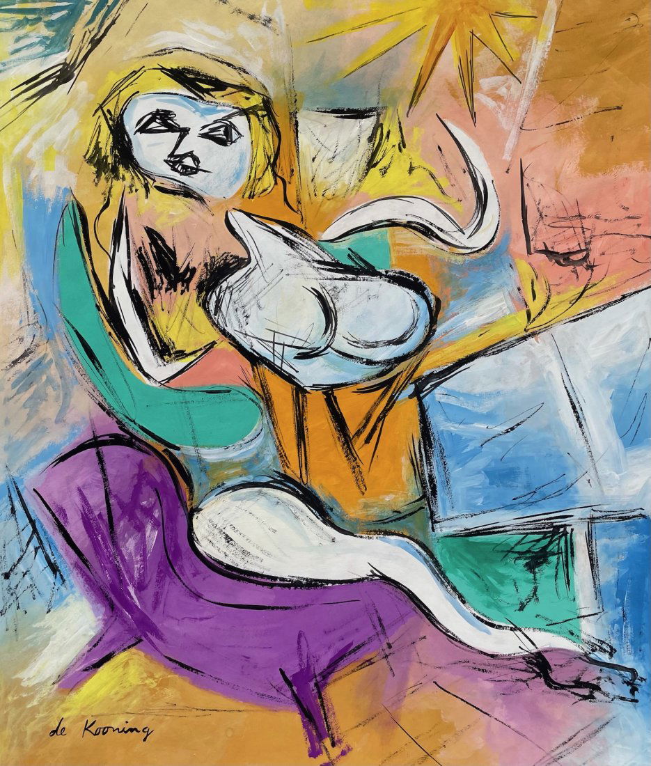 Willem de Kooning (Gouache on paper): de Kooning appears in lower left. Rendered in the abstract expressionism style of Willem de Kooning . Technique: Gouache on paper. Measures: 14 x 12 Inches. Provenance: Private collection. Lived Betwe