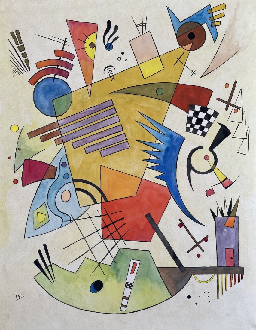 Wassily Kandinsky (Watercolor on Paper): Kandinsky appears lower left. Rendered in the Style of Wassily Kandinsky . Technique: Watercolor on paper painting. Measures 15 3/4 x 12 Inches. Provenance: Private collection. Lived Between (4 Decemb
