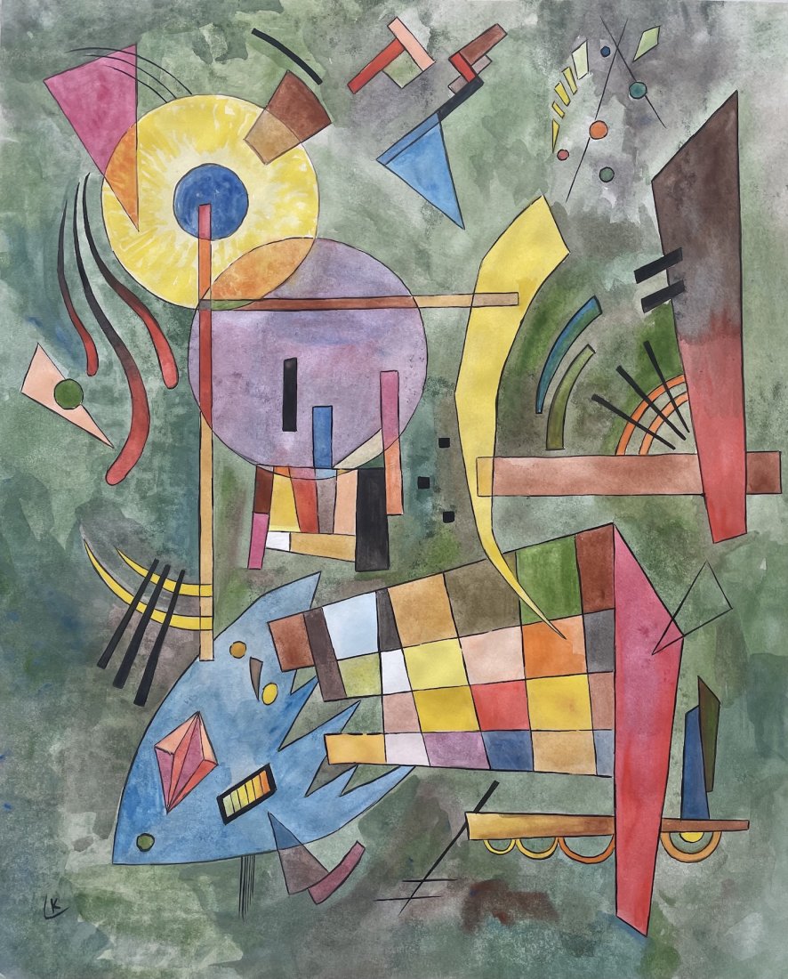 Wassily Kandinsky (Watercolor on Paper): Kandinsky appears lower left. Rendered in the Style of Wassily Kandinsky . Technique: Watercolor on paper painting. Measures 13 3/4 x 11 Inches. Provenance: Private collection. Lived Between (4 Decemb