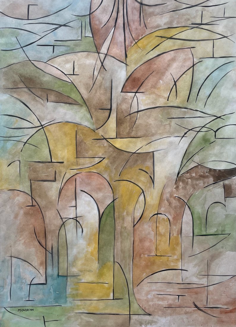 Piet Mondrian (Watercolor on Paper): Mondrian appears lower left. Rendered in the Style of Piet Mondrian . Technique: Watercolor on paper painting. Measures 17 x 12 Inches. Provenance: Private collection. lived between March 1872 – Feb