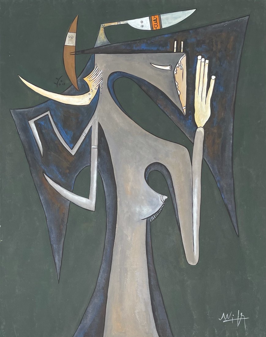 Wifredo Lam (Gouache on Paper): Wifredo Lam Appears in Lower Right.Rendered in the style of Wifredo Lam. Technique: Gouache on paper painting. Measures: 17 x 13 1/2 inches. Provenance: Private collection. A Certificate Accompanies t