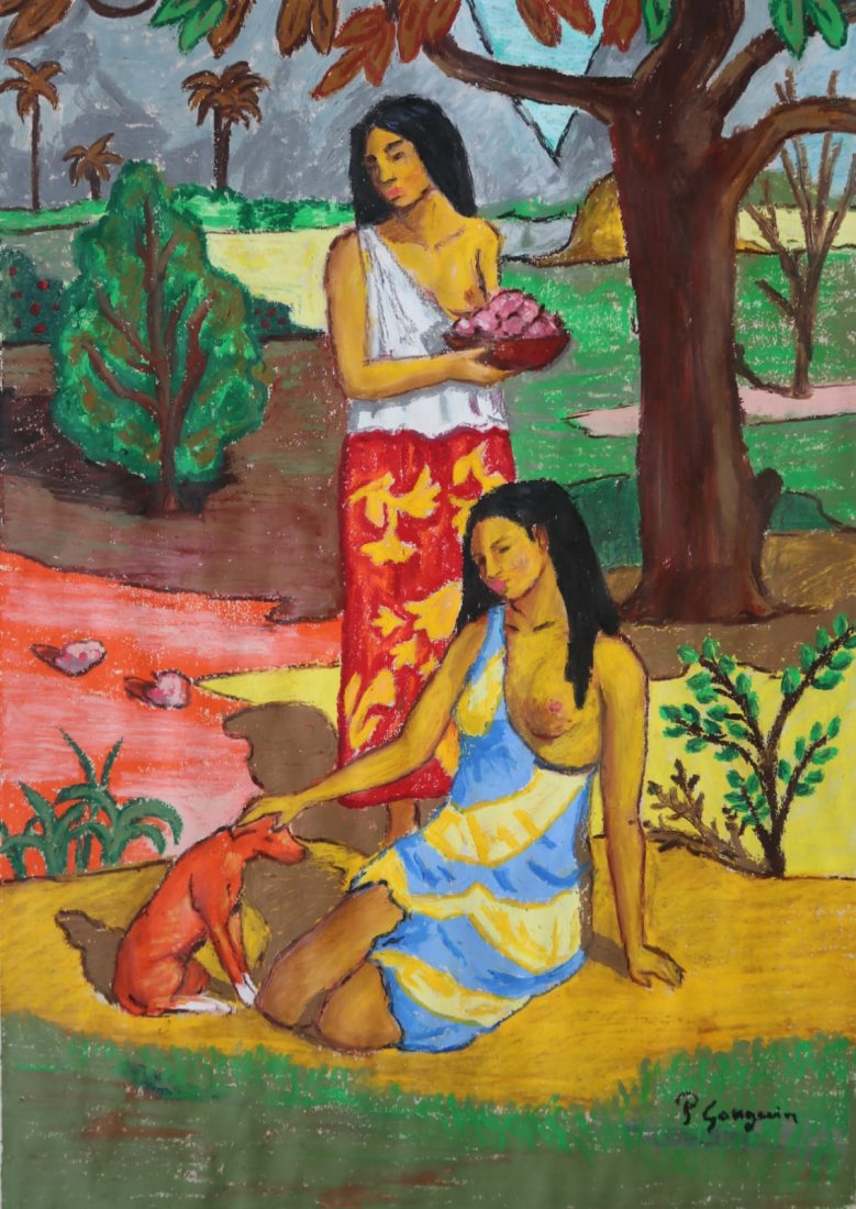 Paul Gauguin ( Pastel on Paper ): Paul Gauguin Appears in Lower Right.Rendered in the style of Paul Gauguin Technique: Paul Gauguin painting. Measures: 16 x 11 inches. Provenance: Private collection. Lived between June 1848 – 8 May