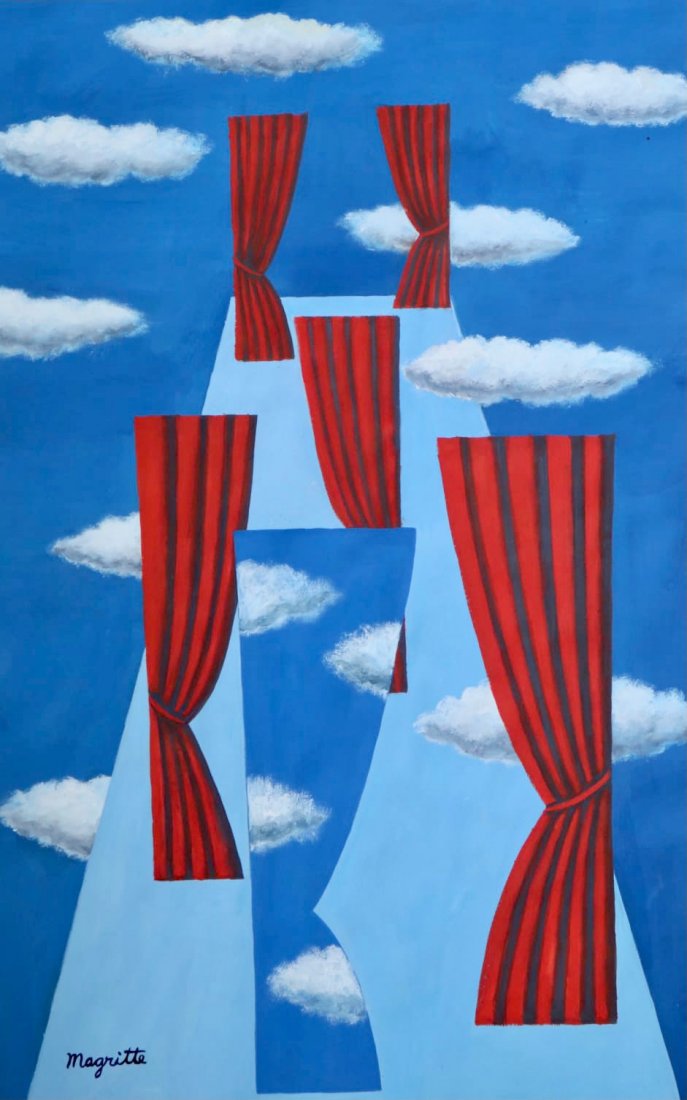 Rene Magritte (Gouache on Paper): Magritte Appears in Lower Left.Rendered in the surrealist Style of Rene Magritte. Technique: Gouache on paper painting. Measures: 15 x 10 Inches. Provenance: Private collection. Lived Between (21 Nove