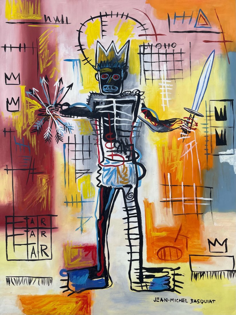 Jean Michel Basquiat (Oil on Paper): Jean Michel Basquiat Appears in Lower Right . Rendered in the style of Jean Michel Basquiat. Technique: Oil on paper painting. Measures: 17 x 13 inches. Provenance: Private collection. Lived Between (