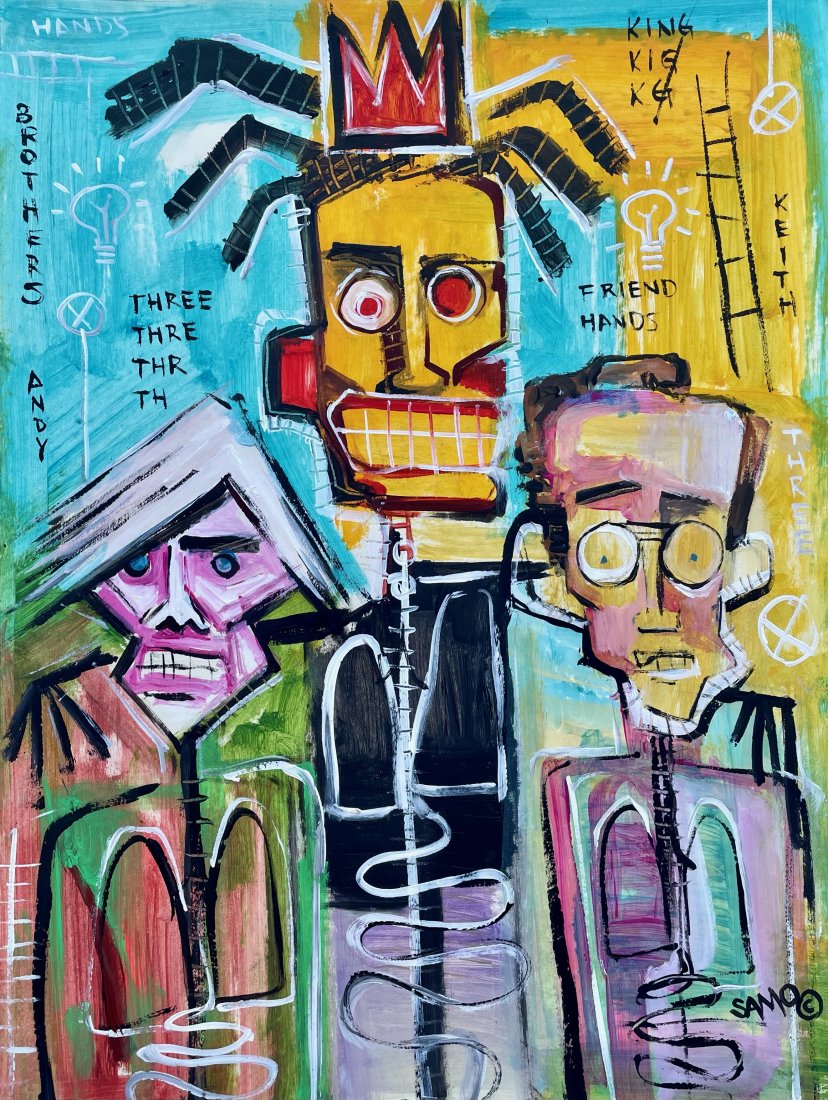 Jean Michel Basquiat (Acrylic on Paper): SAMO appears in lower right. Rendered in the style of Jean Michel Basquiat. Technique: Acrylic on paper painting. Measures: 16.5 x 12 inches. Provenance: Private collection. Lived Between (December 22