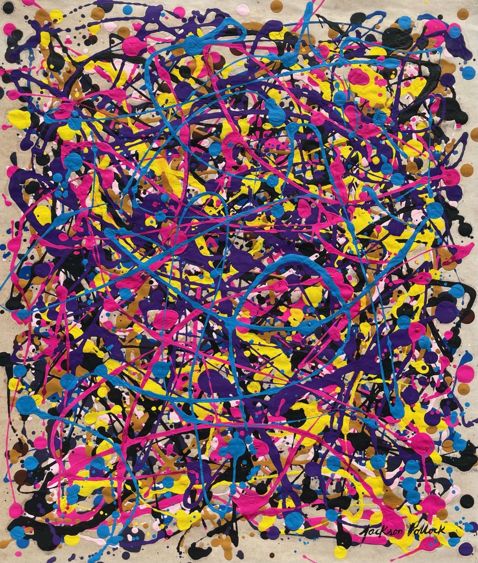 Jackson Pollock (Gouache on Paper): Jackson Pollock appears in lower right. Rendered in the abstract expressionism style of Jackson Pollock . Technique: Gouache on paper. Measures: 15 x 13 Inches. Provenance: Private collection. Lived B