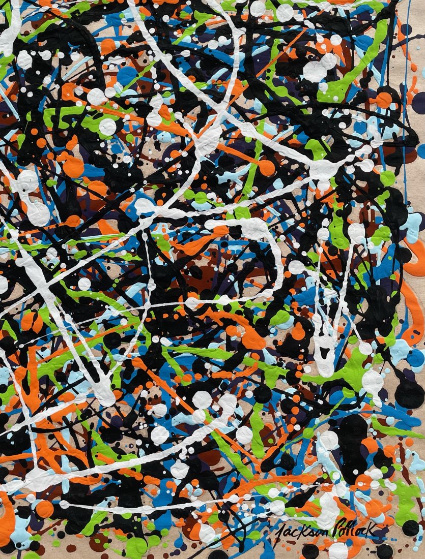 Jackson Pollock (Gouache on Paper): Jackson Pollock appears in lower right. Rendered in the abstract expressionism style of Jackson Pollock . Technique: Gouache on paper. Measures: 14 x 12 Inches. Provenance: Private collection. Lived B