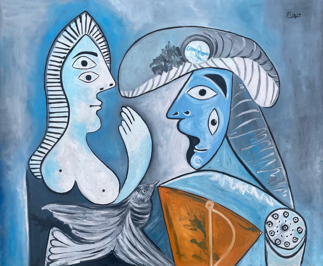Pablo Picasso (Oil on Canvas): Picasso appears in Upper Right. Rendered in the Cubist style of Pablo Picasso. Technique: Oil on Canvas. Measures: 20 x 24 Inches. Provenance: Private Collection. Lived Between (25 October 1881 8 Apri