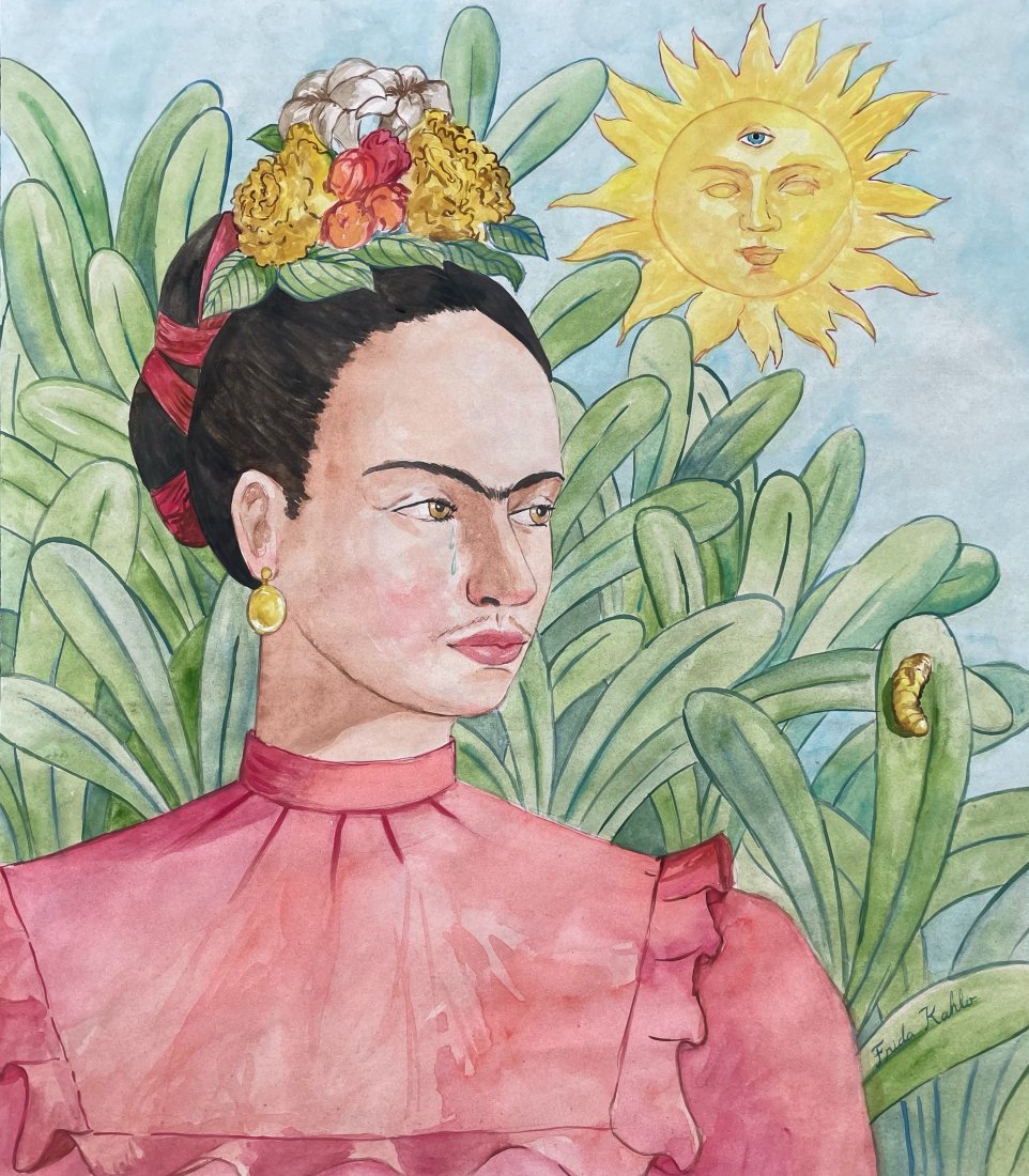 Frida Kahlo (Watercolor on Paper): Frida Kahlo appears lower right. Rendered in the style of Frida Kahlo. Technique: Watercolor on paper. Measures: 16 x 14 Inches. Provenance: Private Collection. Lived between (6 July 1907 – 13 July 