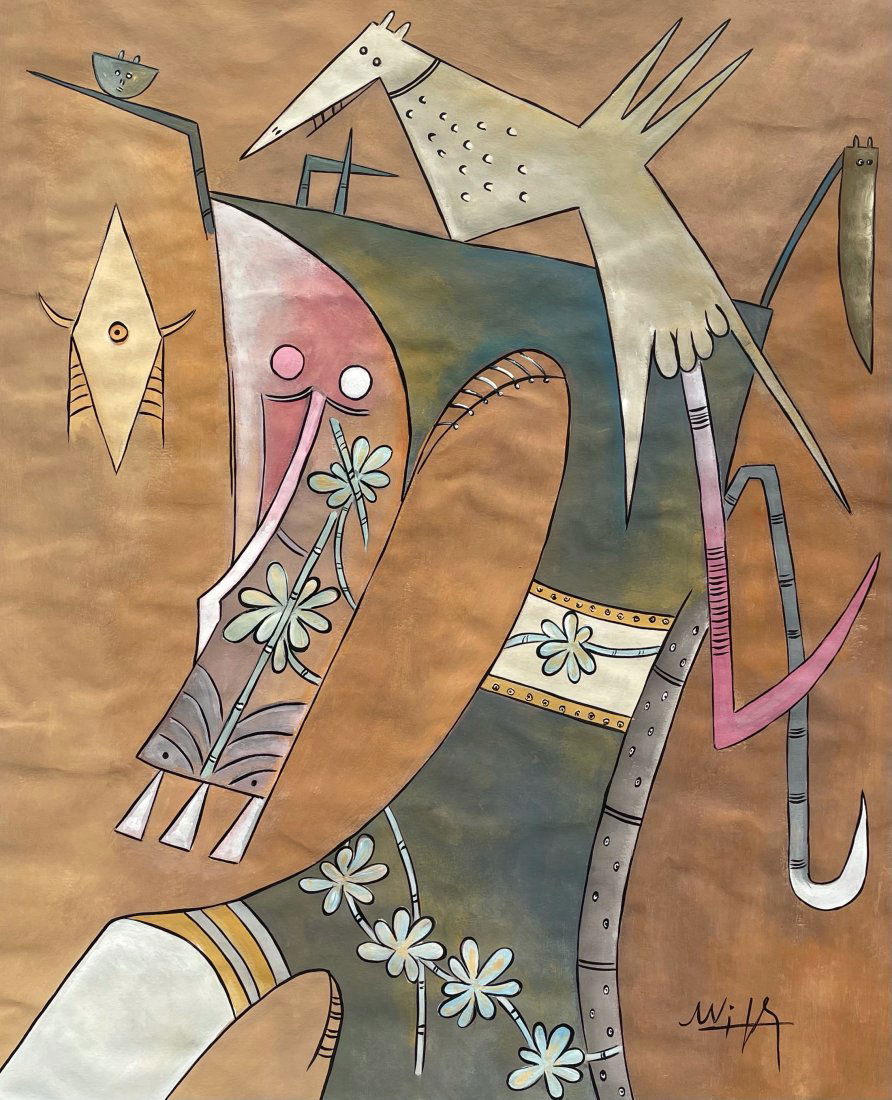 Wifredo Lam (Gouache on Paper): Wifredo Lam Appears in Lower Right. Rendered in the style of Wifredo Lam. Technique: Gouache on paper painting. Measures: 15 x 12 inches. Provenance: Private collection. A Certificate Accompanies this