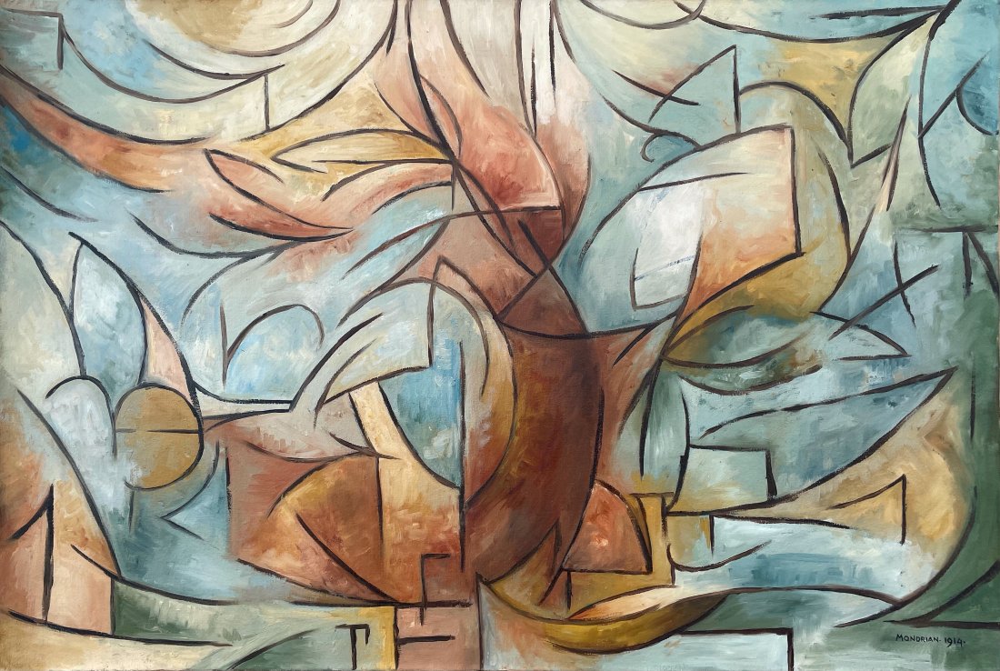 Piet Mondrian (Oil on Canvas): Mondrian 1914 Appears in Lower Right. Rendered in the style of Piet Mondrian.Technique: Oil on Canvas. Measures: 16 x 23 inches. Provenance: Private collection. Lived Between March 1872 – February 1