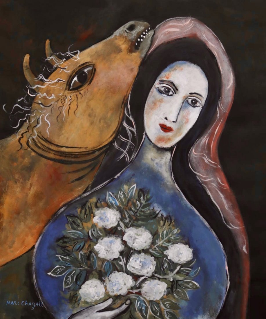 Marc Chagall (Gouache on Paper): Chagall appears in lower left. Rendered in the cubist style of Marc Chagall .Technique: Gouache on paper painting. Measures: 18 x 14 Inches. Provenance: Private collection. Lived between (6 July 24 Ju