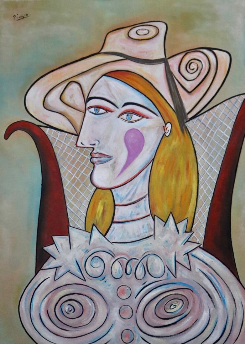 Pablo Picasso (Oil on Canvas): Picasso appears in ***. Rendered in the cubist style of Pablo Picasso. Technique: Oil on canvas. Measures: 26 3/4 x 19 Inches. Provenance: Private Collection. Lived Between (25 October 1881 8 April 19